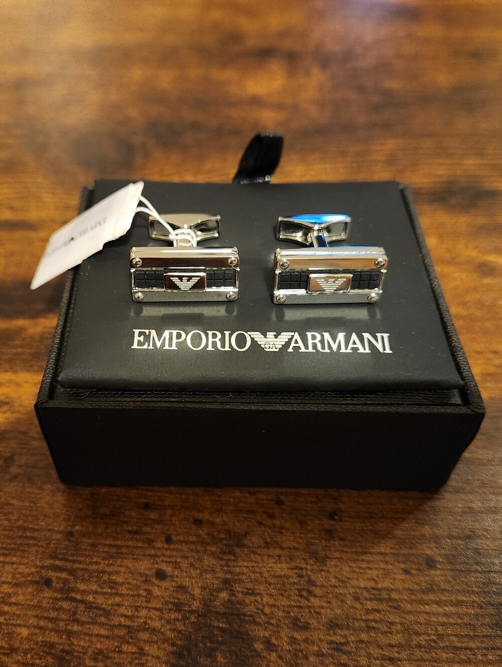 Giorgio Armani Silver and Black Rectangular Logo Cufflinks